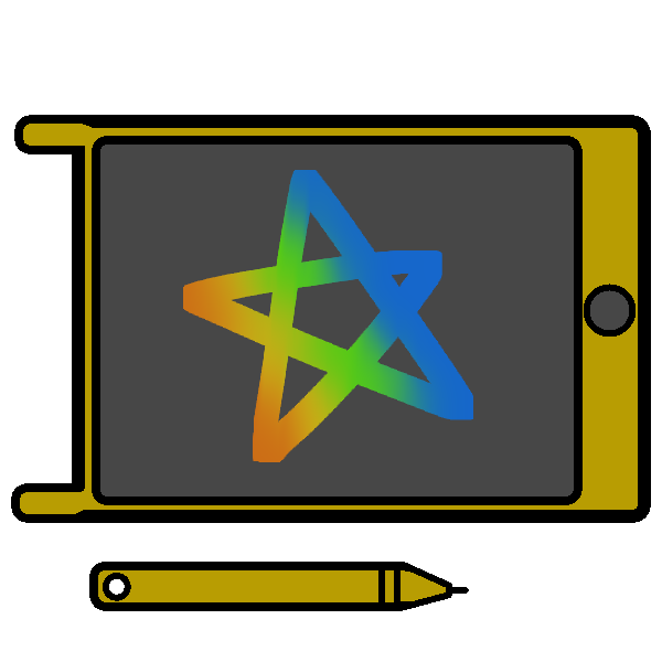 A yellow LCD tablet with a star drawn on it, and a matching stylus below it.